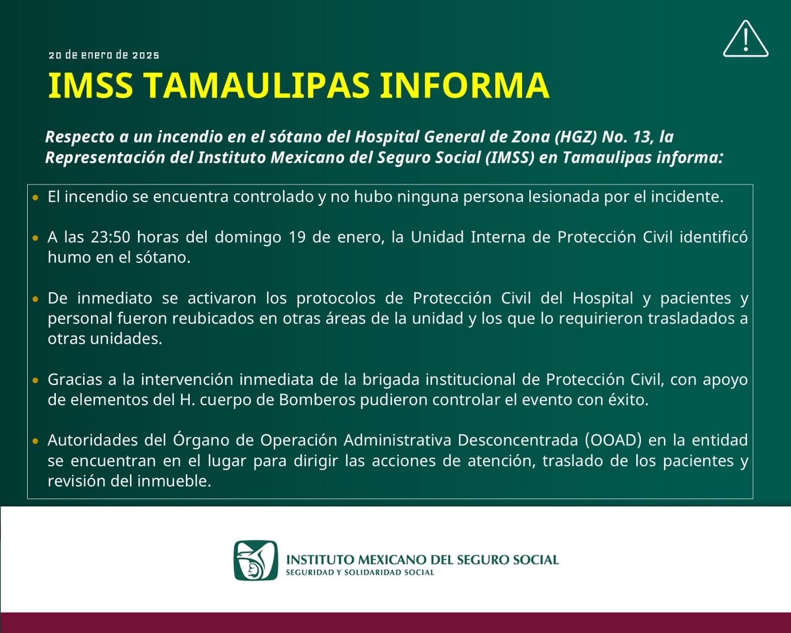 Controlado incendio en el Hospital General de Zona No. 13 en Matamoros
