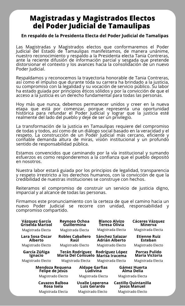 Magistradas y Magistrados Electos refrendan respaldo y unidad en torno al liderazgo de Tania Contreras