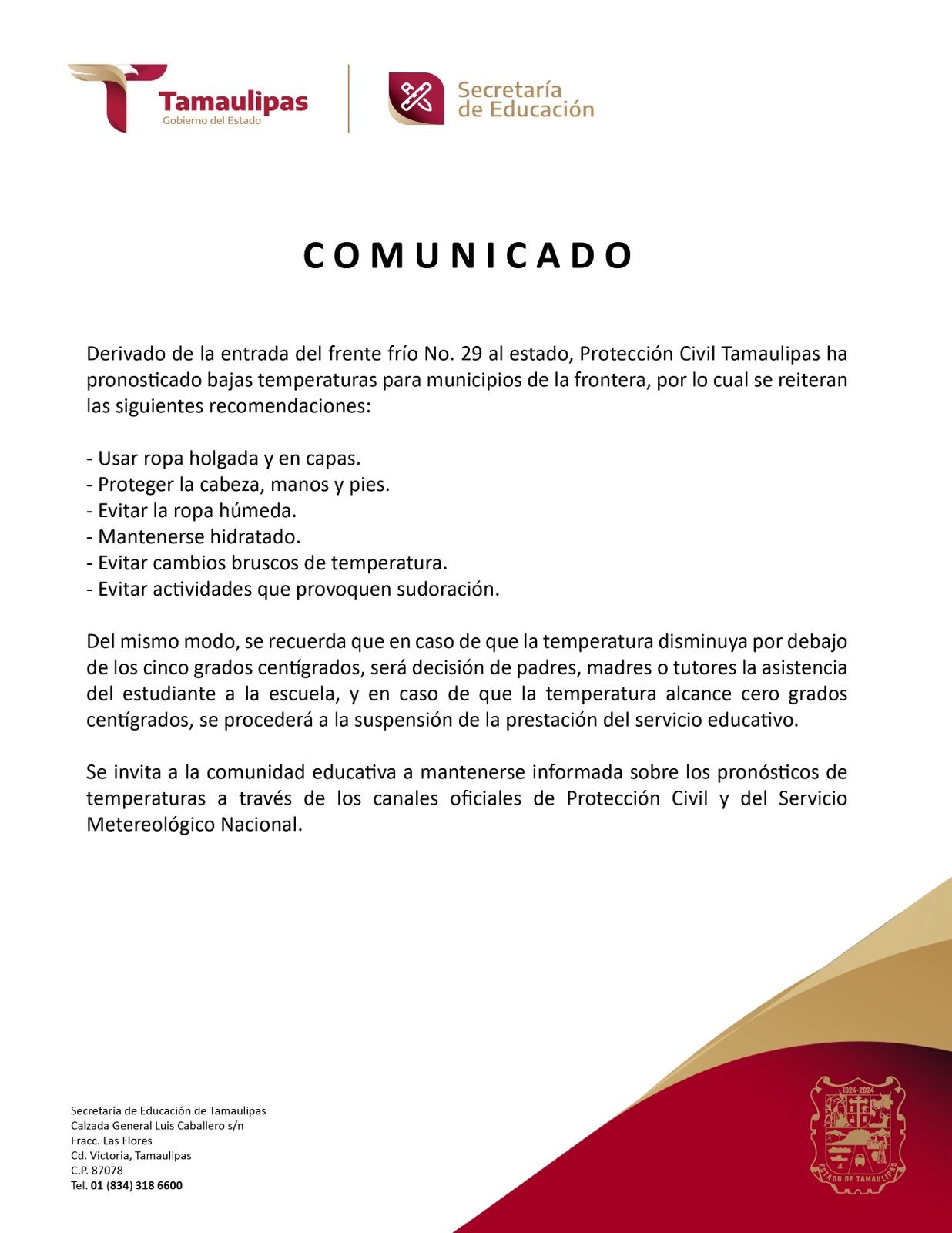 Emite Secretaría de Educación recomendaciones por bajas temperaturas en municipios fronterizos de Tamaulipas