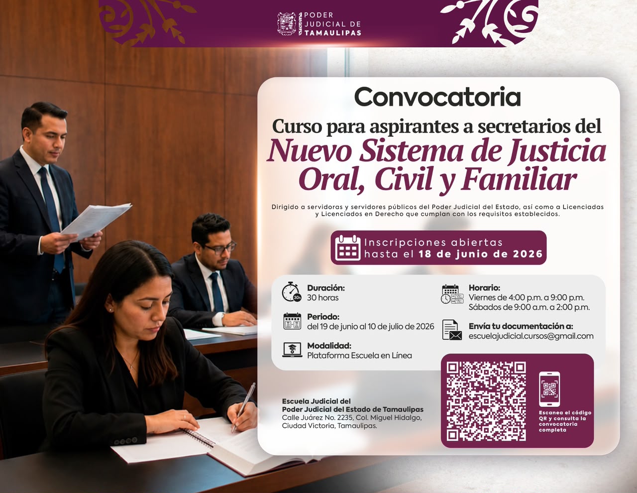 Abre Poder Judicial proceso de preparación para ocupar 30 plazas en Tamaulipas
