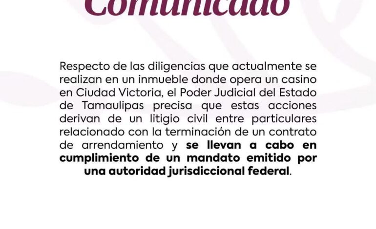 Aclara Poder Judicial que diligencias en casino de Victoria derivan de litigio civil entre particulares