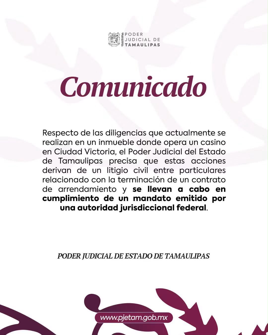 Aclara Poder Judicial que diligencias en casino de Victoria derivan de litigio civil entre particulares