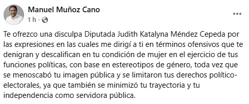 Manuel Muñoz ofrece disculpa pública a Katalyna Méndez por expresiones ofensivas